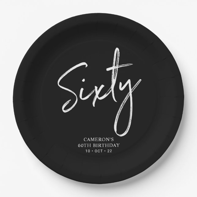 Sixty Black Modern Lettering 60th birthday Paper Plate (Front)