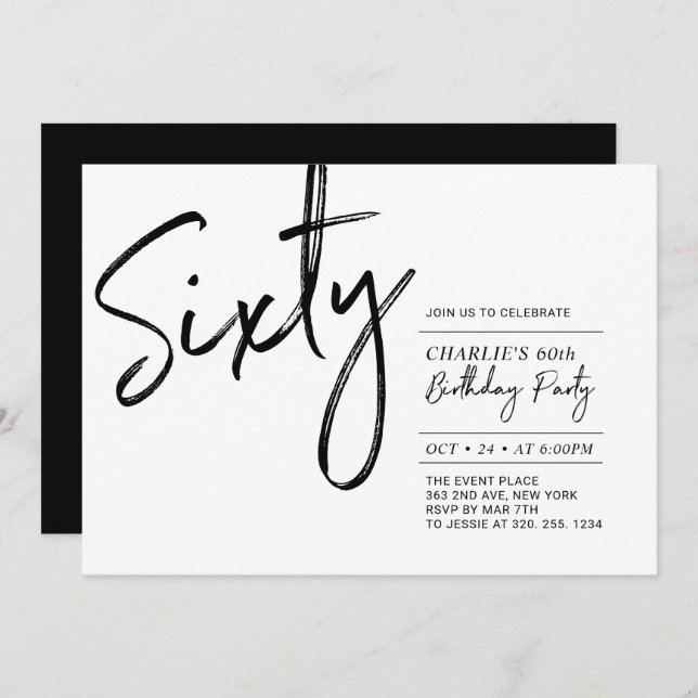 Sixty | Black & White Modern 60th Birthday Party Invitation (Front/Back)