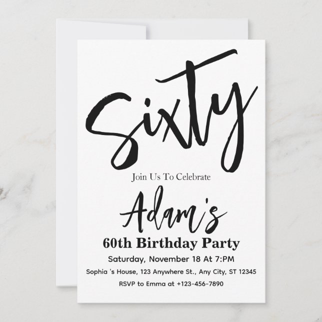 Sixty Black & White Modern 60th Birthday Party  Invitation (Front)