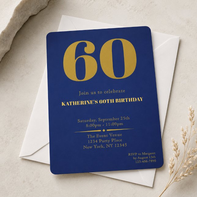 Sixty Blue Gold 60th Birthday Invitation (Creator Uploaded)