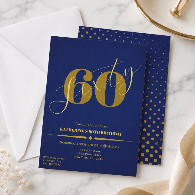 Sixty Elegant Blue & Gold 60th Birthday Invitation (Creator Uploaded)