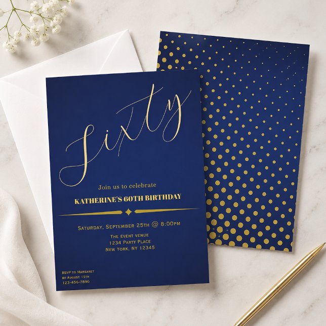 Sixty Elegant Blue & Gold 60th Birthday Invitation (Creator Uploaded)