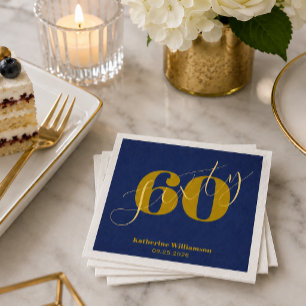 Sixty Elegant Blue & Gold 60th Birthday Invitation Napkin