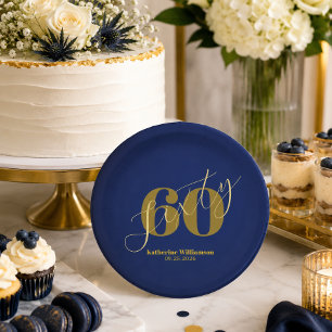 Sixty Elegant Blue & Gold 60th Birthday Invitation Paper Plate