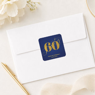 Sixty Elegant Blue & Gold 60th Birthday Invitation Square Sticker