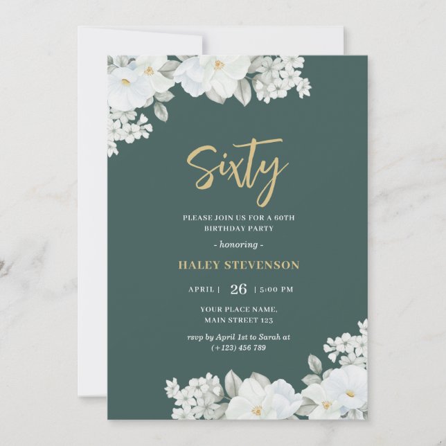 Sixty Emerald Green & Gold White Floral Birthday Invitation (Front)