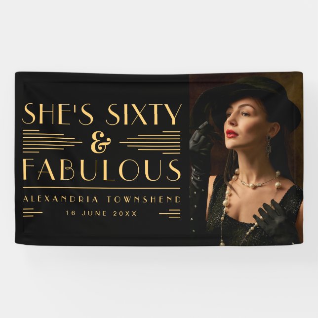Sixty & Fabulous Art Deco Photo 60th Birthday Banner (Horizontal)