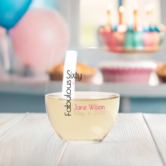 Sixty Fabulous Birthday Chic Pink & Black Stemless Wine Glass