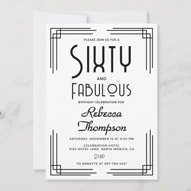 Sixty Fabulous Black White Art Deco 60th Birthday Invitation (Front)