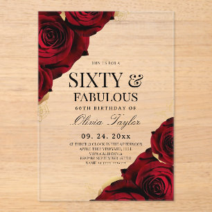 Sixty & Fabulous Burgundy Red Gold Roses Birthday Acrylic Invitations