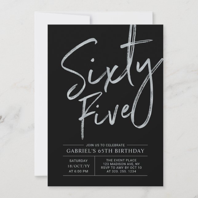 Sixty Five | Silver & Black 65th Birthday Party Invitation (Front)