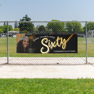 Sixty gold 60th Birthday photo on black Banner