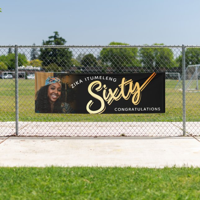 Sixty gold 60th Birthday photo on black Banner (Insitu)
