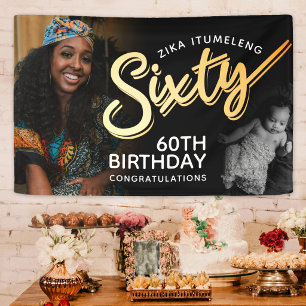 Sixty gold 60th Birthday two photos on black Banner