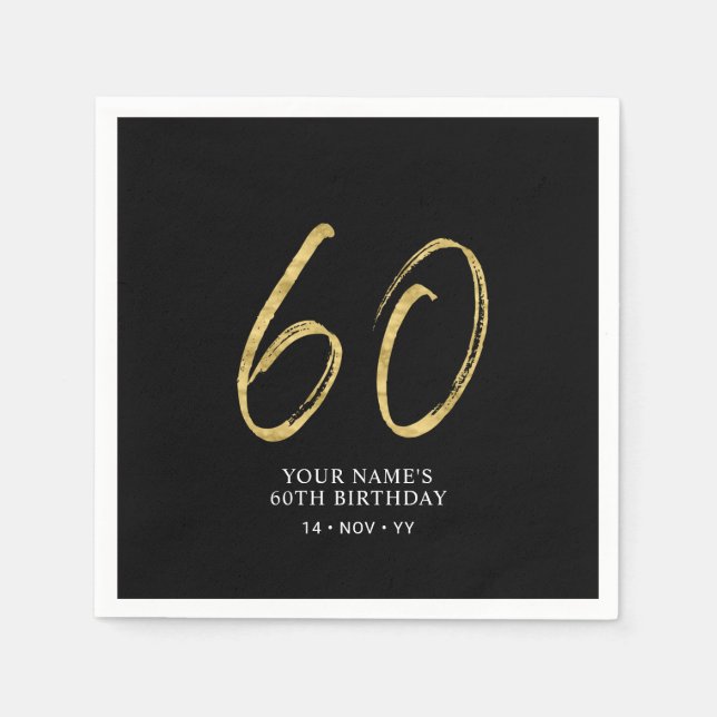 Sixty | Gold & Black Lettering 60th Birthday Napkin (Front)