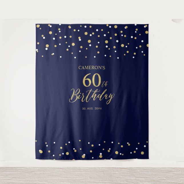 Sixty | Gold & Navy 60th Birthday Party Backdrop Tapestry (Front)