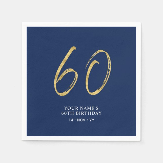 Sixty | Gold & Navy Blue Lettering 60th Birthday Napkin (Front)