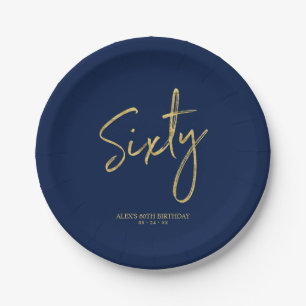Sixty   Gold & Navy Blue Lettering 60th birthday Paper Plate