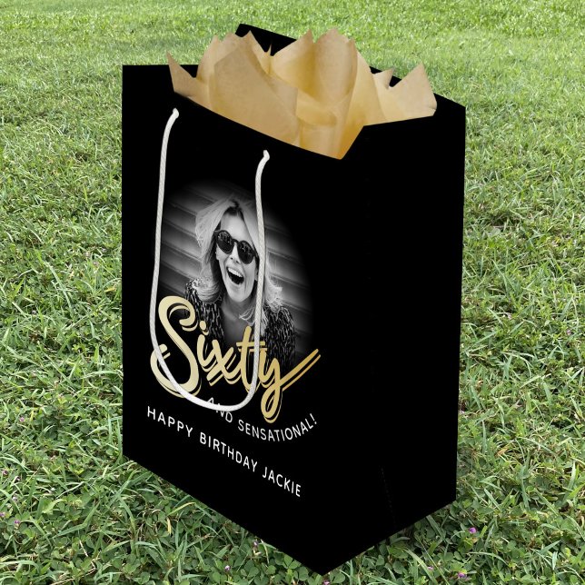Sixty gold script and custom photo 60th birthday medium gift bag (Creator Uploaded)