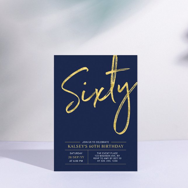 Sixty | Modern Gold & Blue 60th Birthday Party Invitation (Creator Uploaded)