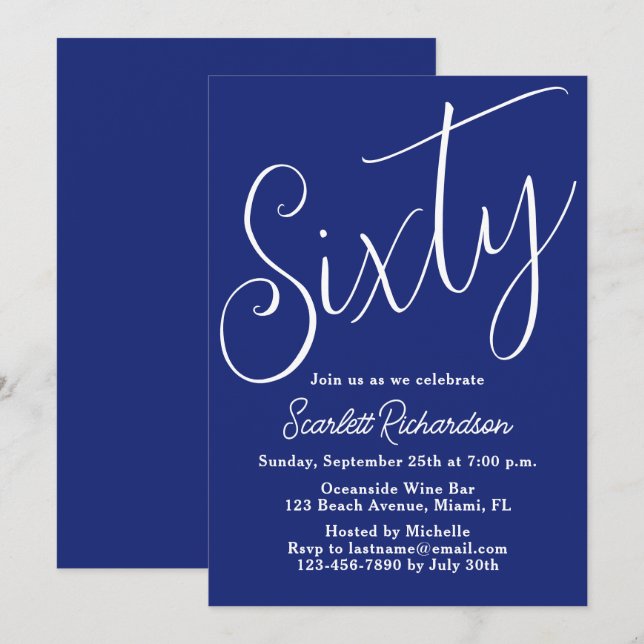 Sixty Modern Script Navy Blue 60th Birthday Party Invitation (Front/Back)