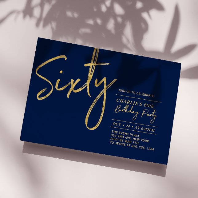 Sixty | Navy & Gold Modern 60th Birthday Party Invitation (Creator Uploaded)