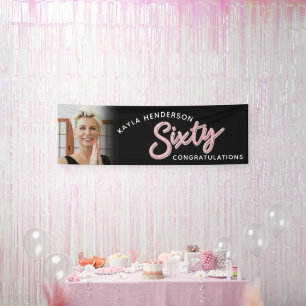 Sixty pink 60th Birthday photo on black Banner