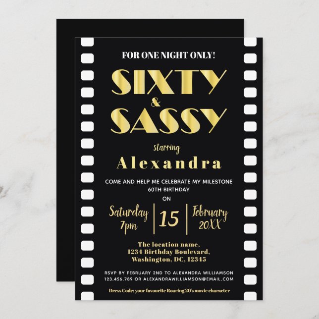 Sixty & Sassy Gold Black Roaring 20s Movie Style Invitation (Front/Back)
