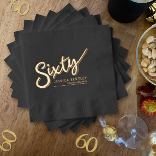 Sixty script text 60th Birthday custom name date Foil Napkins