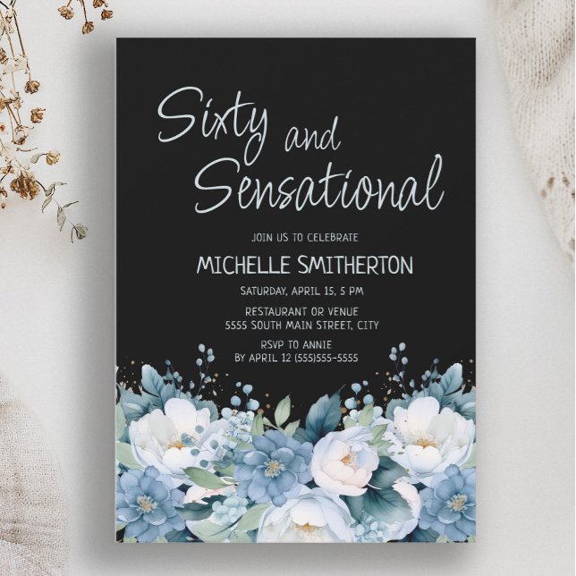 Sixty Sensational Dusty Blue White Floral Black Invitation (Dusty blue and white floral on black "Sixty and Sensational" 60th birthday party invitation)