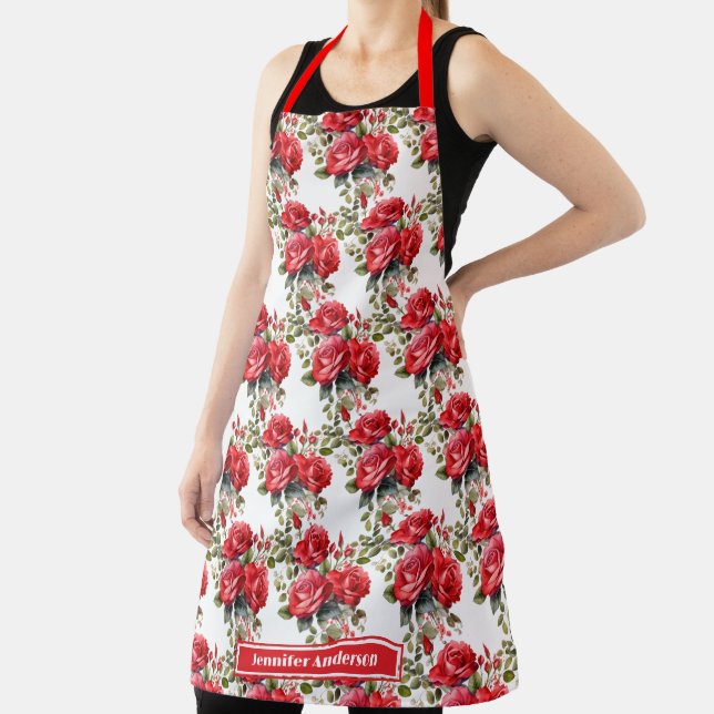 Size Large Red Roses Elegant Floral  Apron (Insitu)