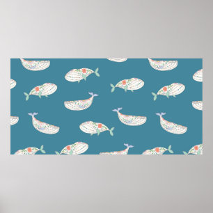 skandinavian folk whale sea animals seamless patte poster