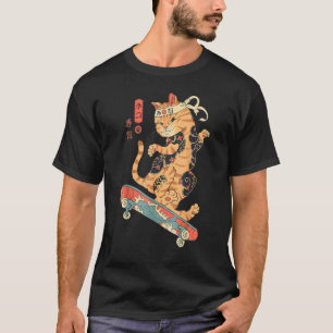 Skatana Skateboarding Tattooed Cat Ukiyo E Japanes T-Shirt