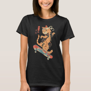Skatana Skateboarding Tattooed Cat Ukiyo E Japanes T-Shirt
