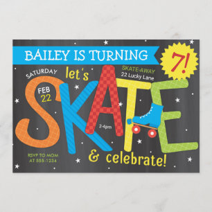 Skate Birthday Party - Brights on Chalkboard Invitation