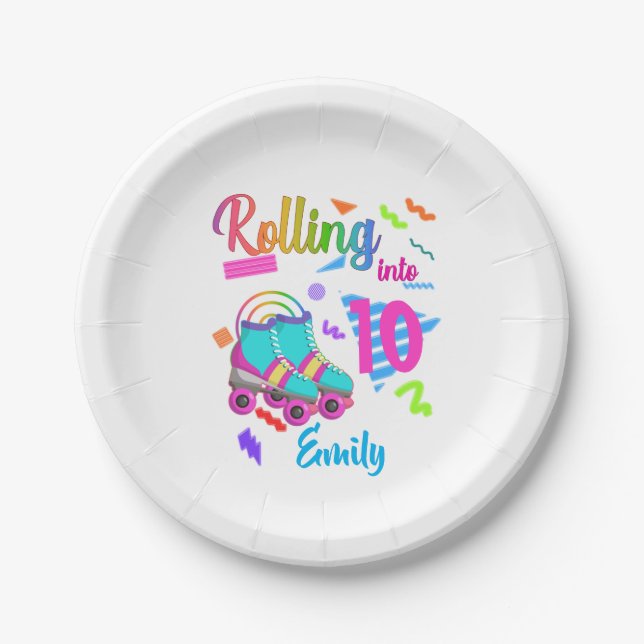 Skate Birthday Rolling Into Matching Birthday Girl Paper Plate (Front)