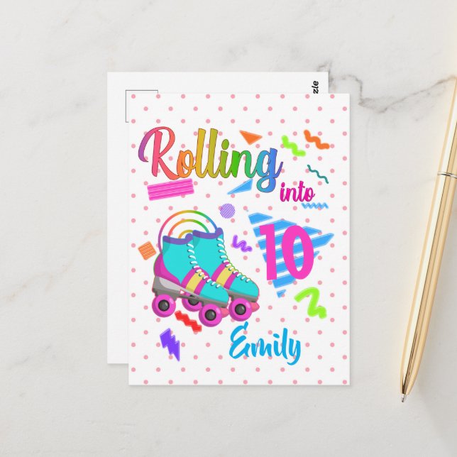 Skate Birthday Rolling Into Matching Birthday Girl Postcard (Front/Back In Situ)