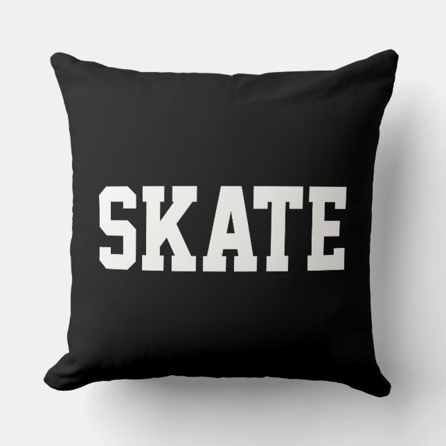 SKATE Bold Athletic White Text On Modern Black Cushion (Front)