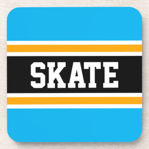 SKATE Bright Sky Blue Yellow Black Hockey Stripes Coaster
