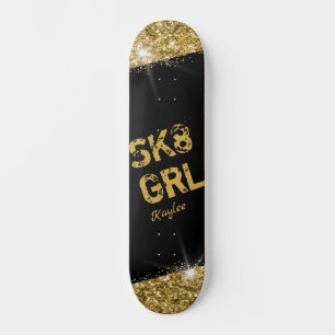 Skate Girl Black Gold Glitter Girly Personalised Skateboard