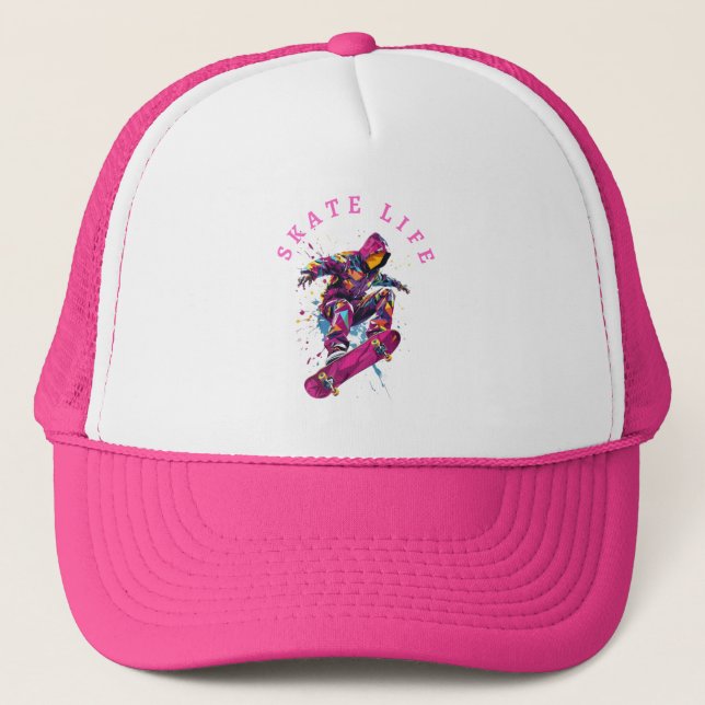 Skate Life Pink By Happie Hoodie, Baseball Cap (Front)