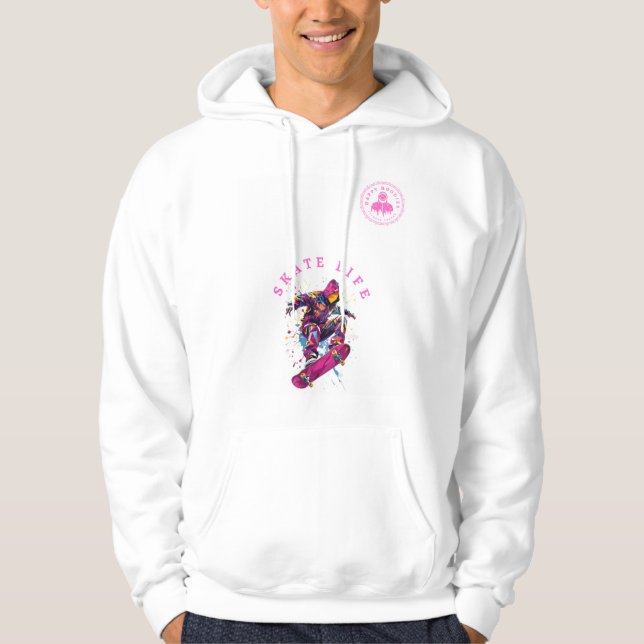 Skate Life Pink Happy Hoodie in White (Front)