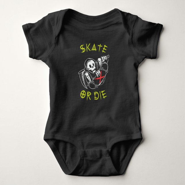 Skate or die Grim Reaper Skeleton Skateboarder Baby Bodysuit (Front)