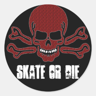 skate or die red textured skull classic round sticker