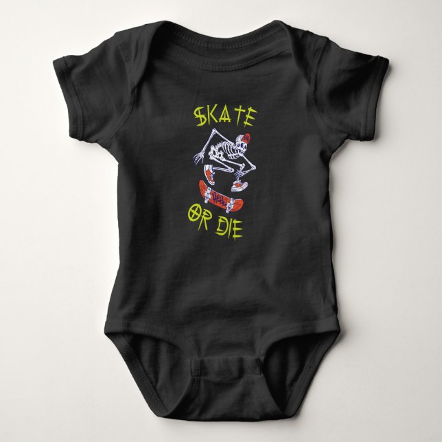 Skate or die Skeleton Skateboarder Baby Bodysuit (Front)