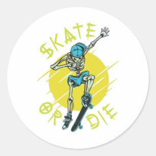 Skate or die Skeleton Skateboarder Classic Round Sticker