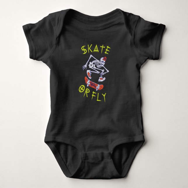Skate or Fly Skeleton Skateboarder Baby Bodysuit (Front)