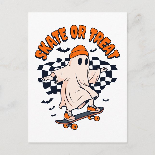Skate or Treat Ghost Halloween Postcard (Front)