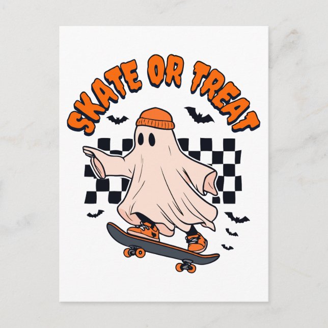 Skate or Treat Ghost Halloween Postcard (Front)