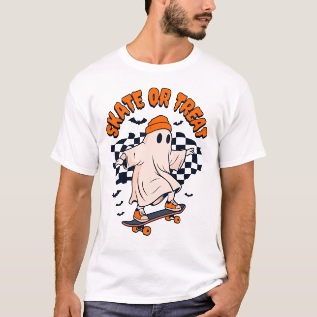 Skate or Treat Ghost Halloween T-Shirt (Front)